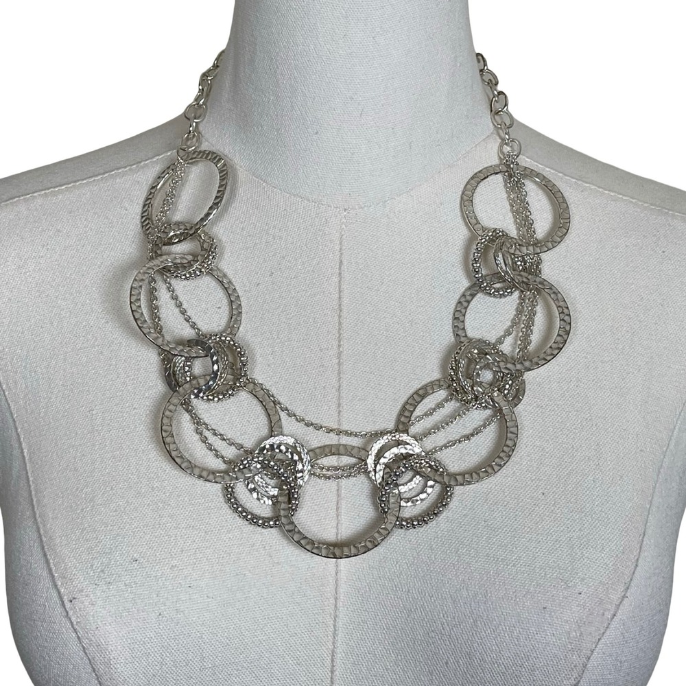 Vintage Silver Tone Textured‎ Multi Ring Hammered Statement Necklace Chunky Boho